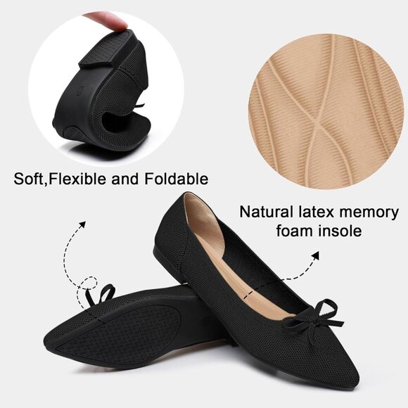 🆕Women Black Knit Pointed Toe Bow Ballet Flats Comfortable Dressy Slip On Shoes - Picture 3 of 6